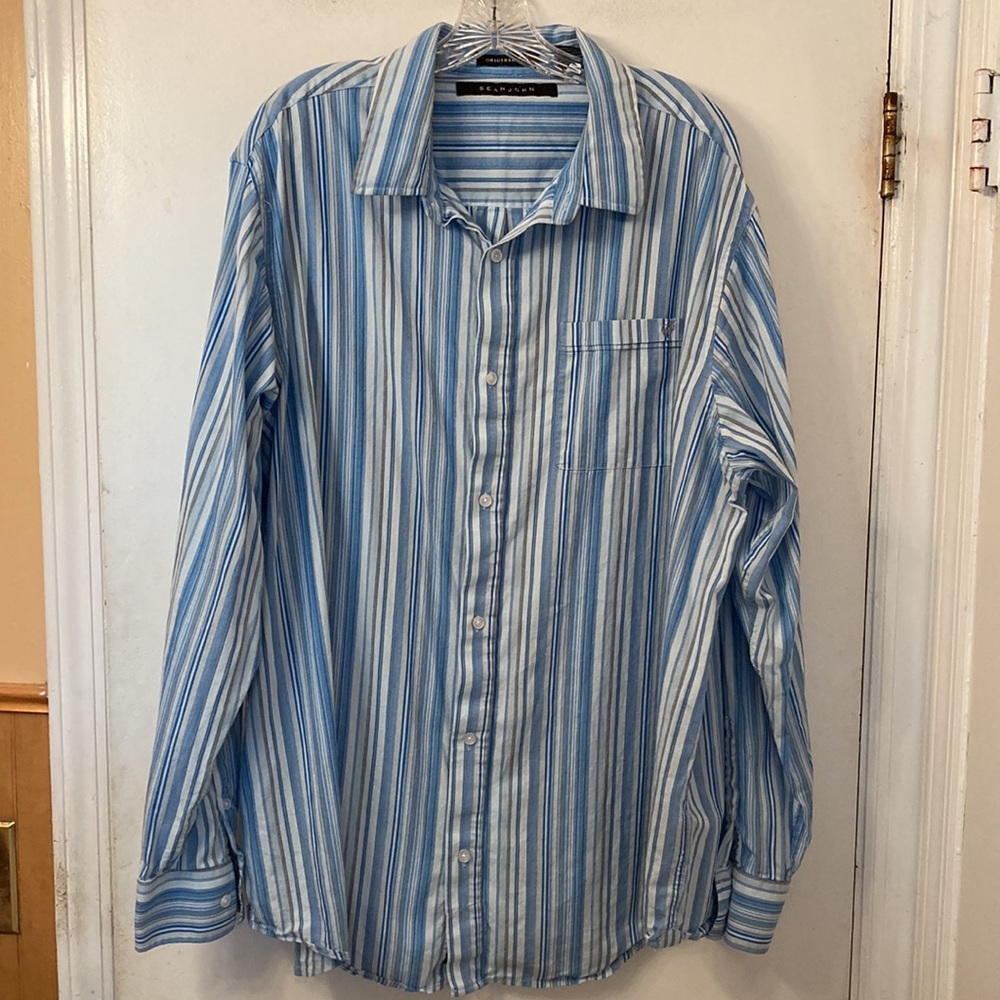 Sean John blue striped long sleeve dress shirt